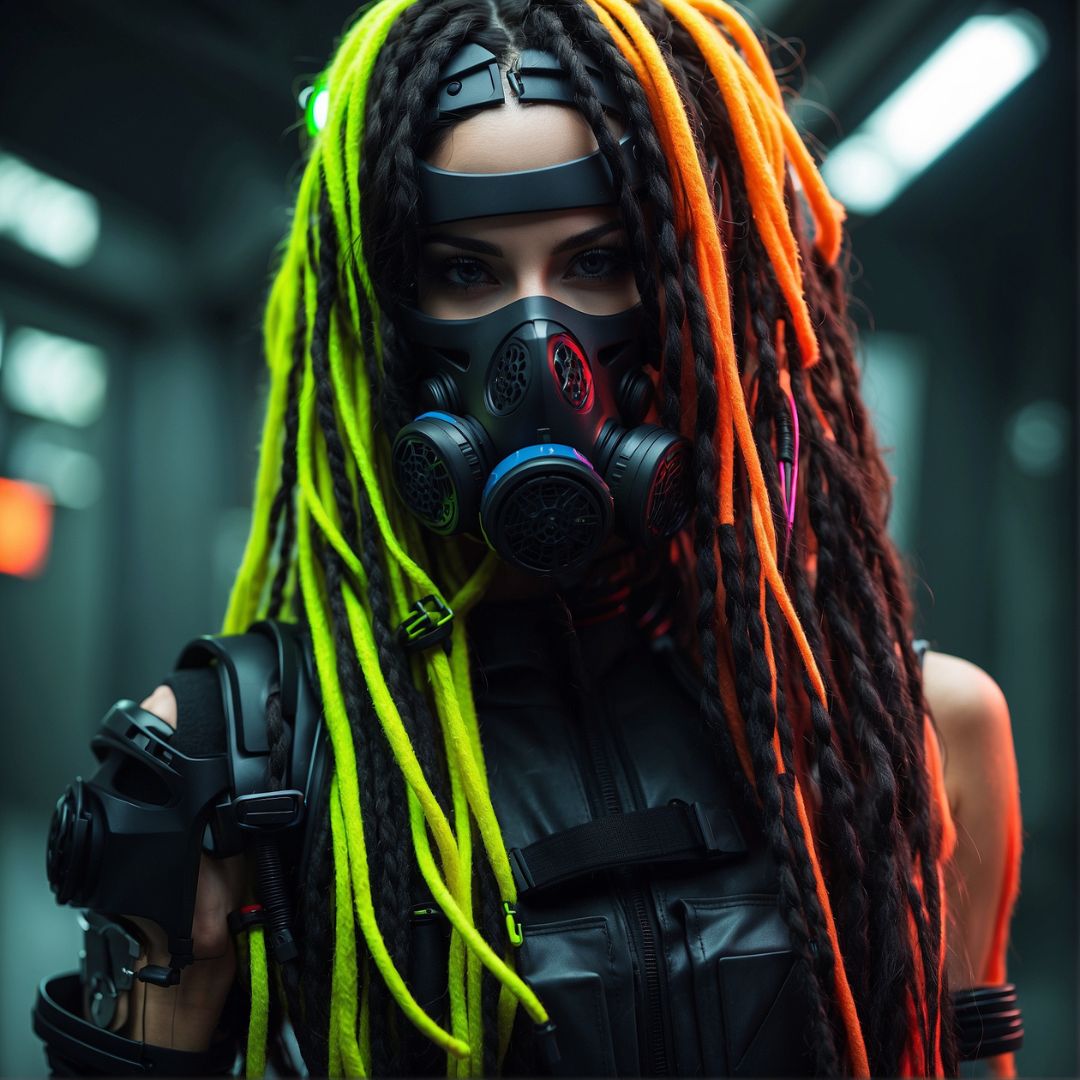 cybergoth woman with long neon dreads wearing a face mask respirator