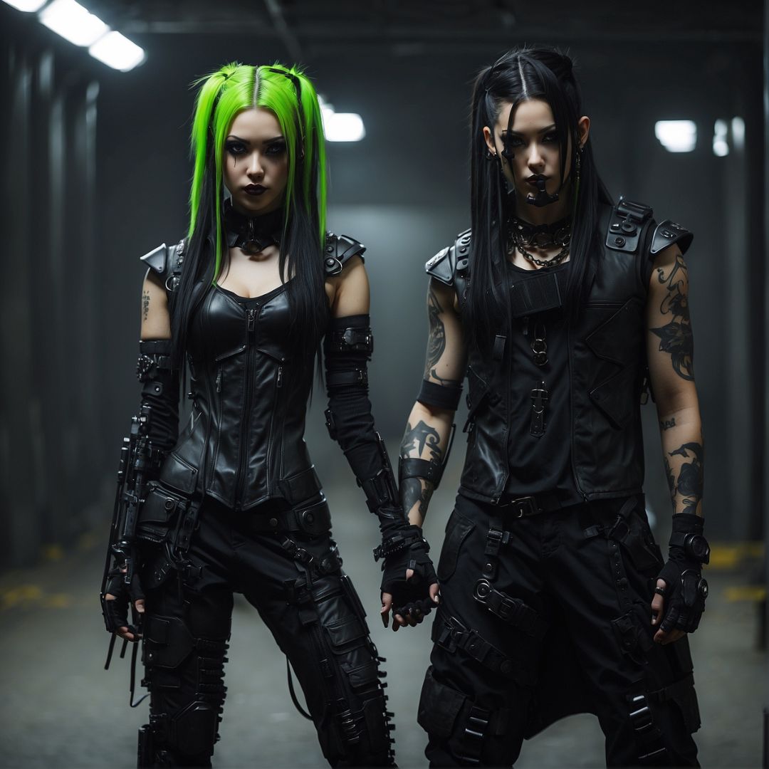 a cybergoth woman and man holding hands in front of an industrial background