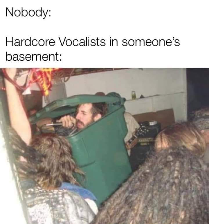 emo meme 23 hardcore vocalist in garbage bin in a basement performing a show