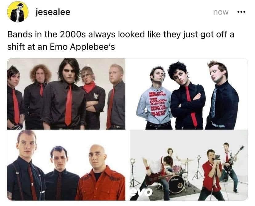 emo meme 7 bands in the 2000s looking like they just got off shift at applebees