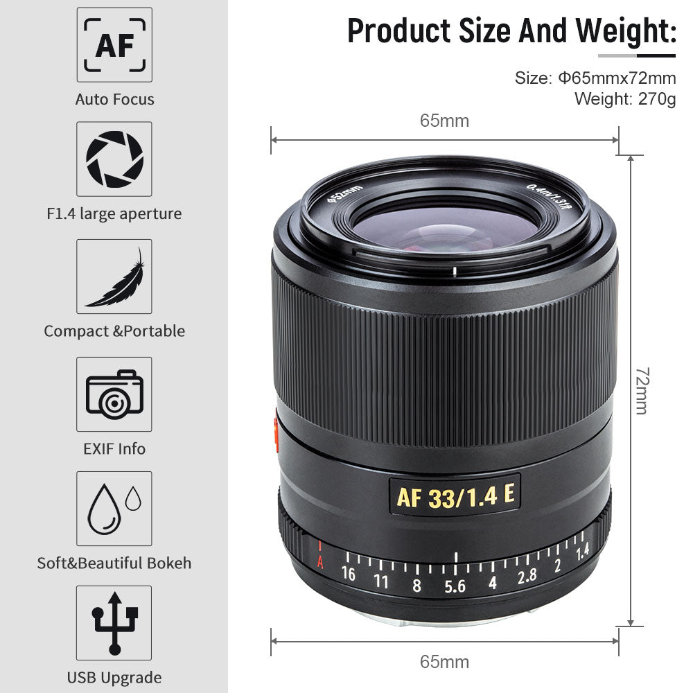 Viltrox 33mm F1.4 E-mount Autofocus Prime Lens for Sony APS-C Mirrorle