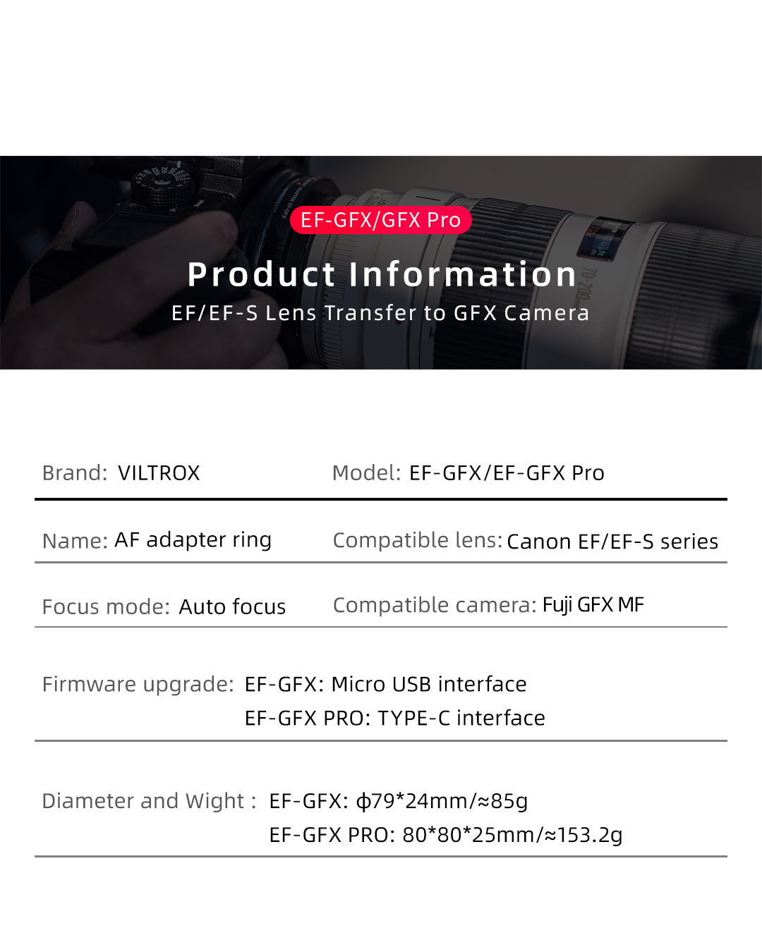 Viltrox EF-GFX/GFX Pro adapter is designed for Canon EF/EF-S