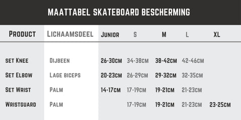 Maattabel skateboard bescherming