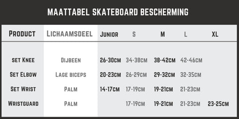 Maattabel Skateboard bescherming