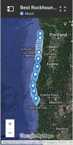 Google map of rockhounding locations on the oregon coast
