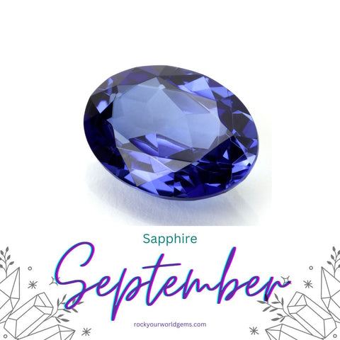 Faceted Blue Oval Sapphire on a white background Stating September Birthstone