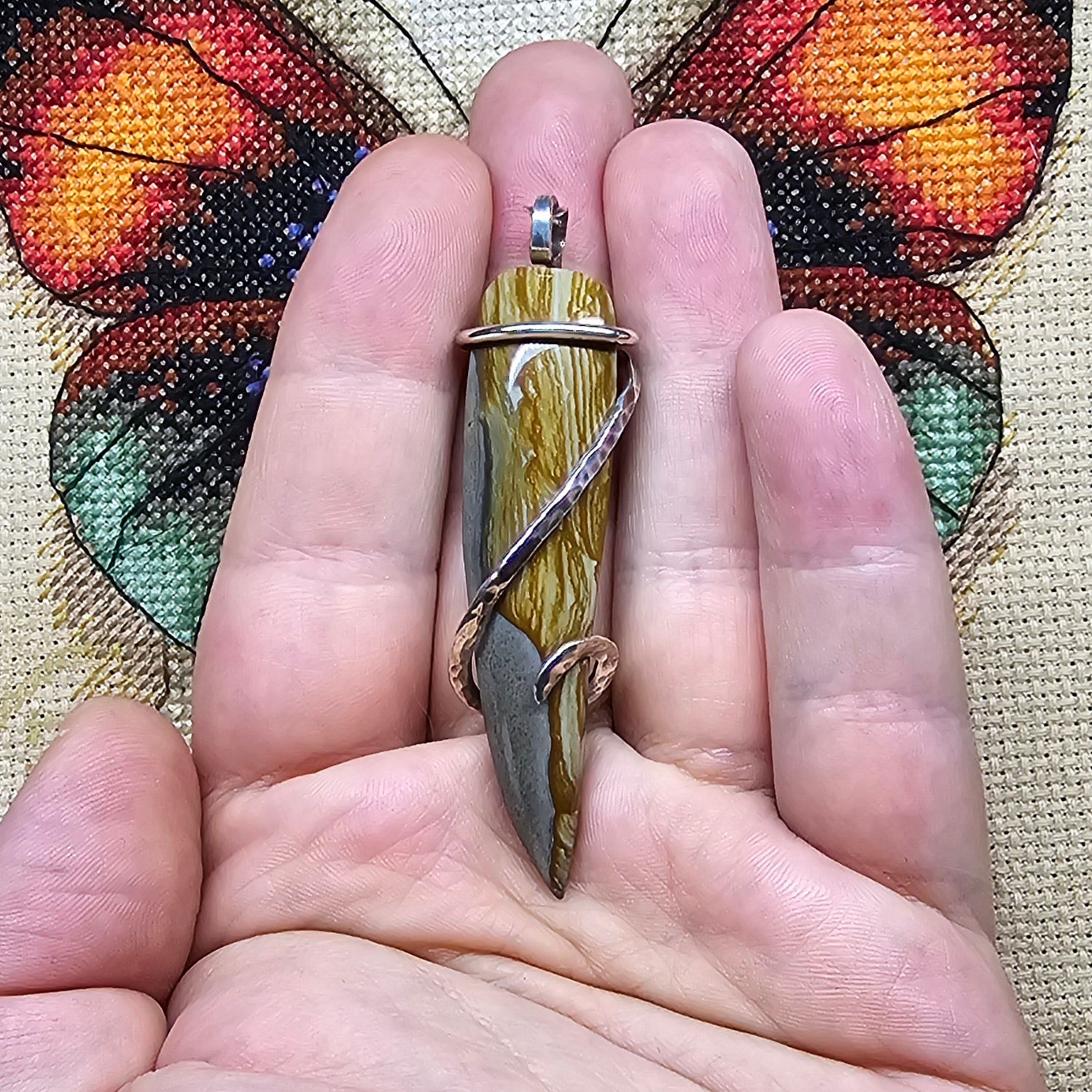 Chicken Track Picture Jasper Pendant in Hammered Sterling Silver