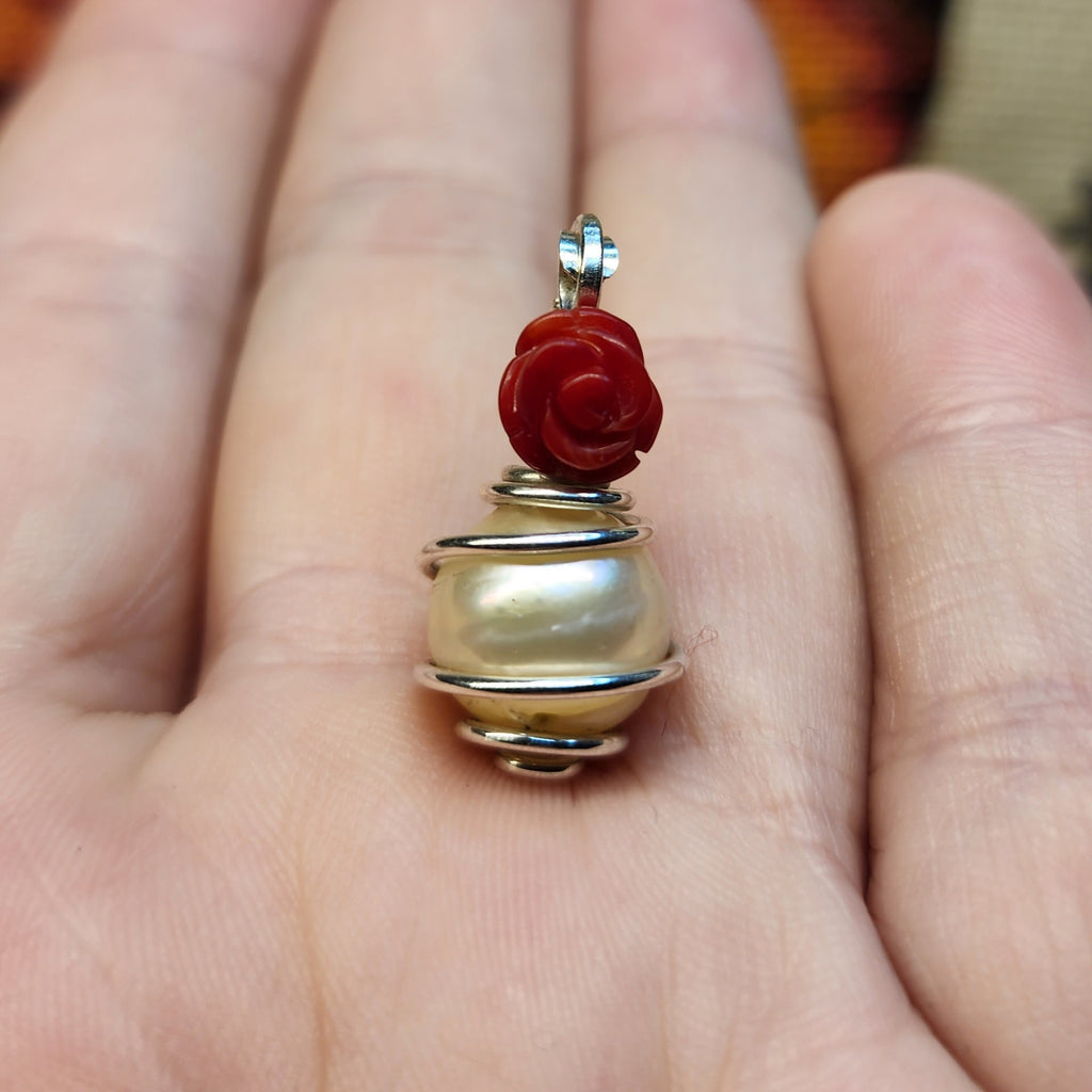 Natural Pearl with Red Coral Rose Accent Pendant in Sterling Sil – Rock Your World