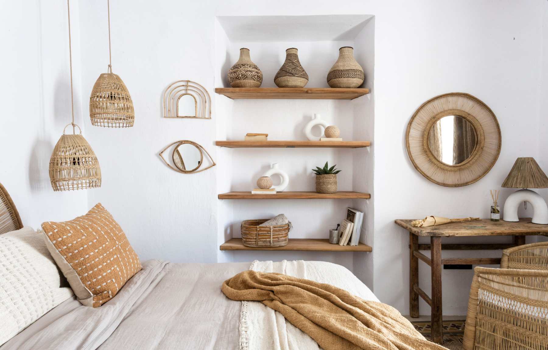 boho scandinavian style bedroom in with wooden shelves and mustard decor
