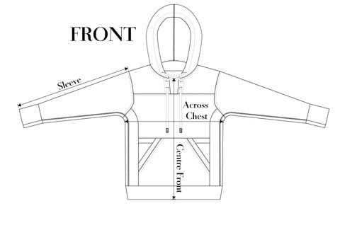 Black and white line drawing of long sleeve hooded swearshirt with kangaroo pocket, cellphone pockets and crisscross drawcord