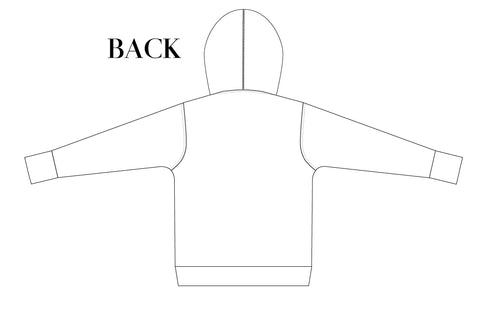 Black and white line drawing of long sleeve hooded swearshirt 