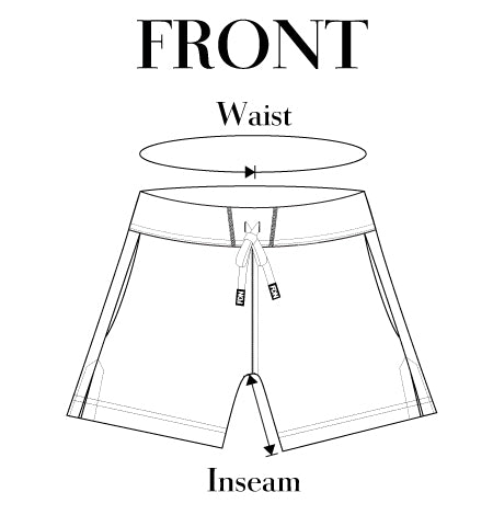 Black and white line drawing of short length two pocket sweatshort with side slits