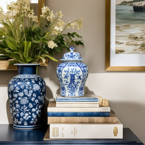 Blue and White Chinoiserie Temple Jar