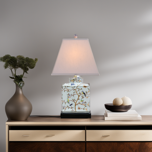 Porcelain Blue-Green Birds Flat Jar Table Lamp