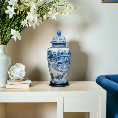 Classic Royal Blue and White Chinoiserie Print Temple Jar
