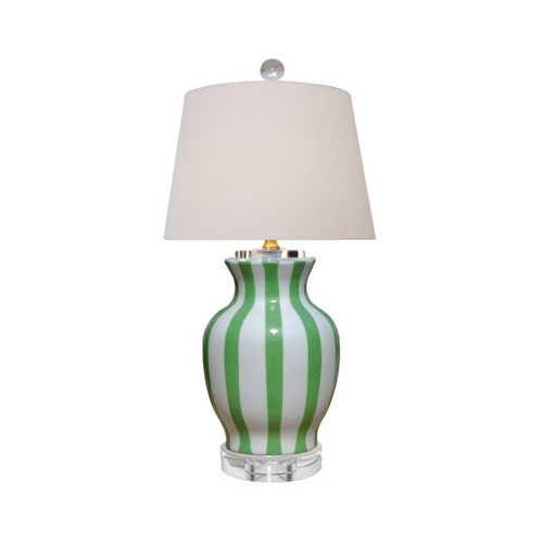 Green Strips Porcelain Vase Lamp in Crystal Base and Cap