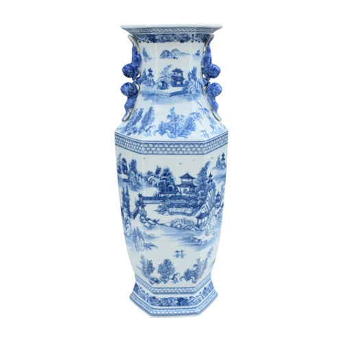 Blue & White Porcelain Hexagonal Chinoisery Vase