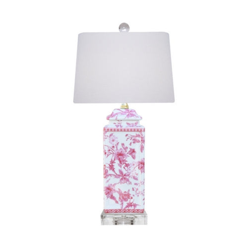 Pink Porcelain Square Cover Jar Lamp w/ Crystal Base