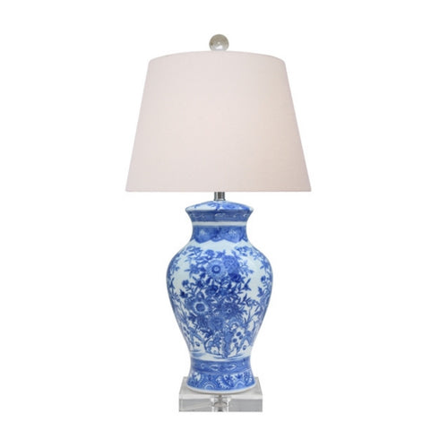 Blue & White Porcelain Vase Lamp w/ Crystal Base