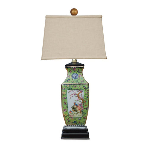 Green Porcelain Table Lamp with Asian Floral Design