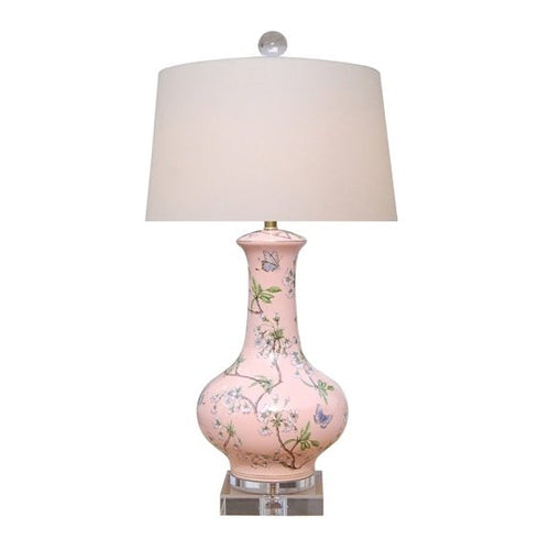 Porcelain Pink Genie in A Bottle Style Lamp with Butterfly and Floral Print