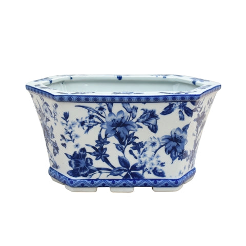 Blue & White Floral Porcelain Hex Cachepot