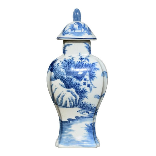 Blue & White Village Porcelain Rectangle Jar