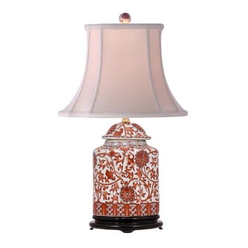 Porcelain Tea Jar Table Lamp with Burnt Orange Floral Print