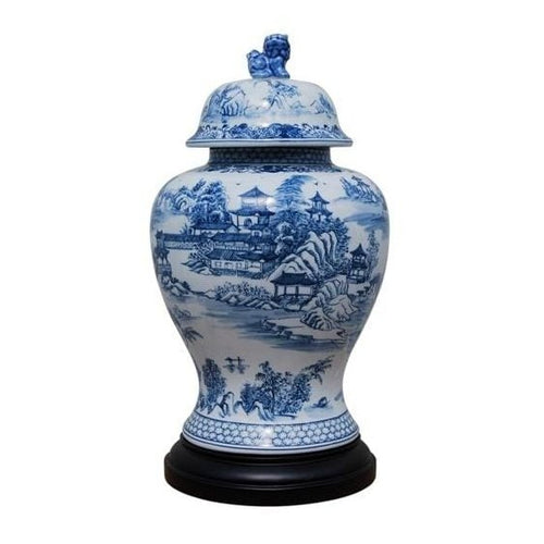 Porcelain Blue & White Chinoserie Temple Jar