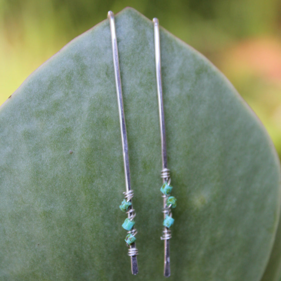 Megen Gabrielle Jewelry | stick dangle earrings with turquoise beads. turquoise bead earrings. simple earrings. dainty turquoise earrings. 14k gold fill earrings. sterling silver earrings. 