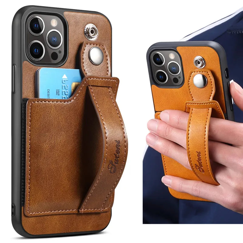 Wrist Strap Card Leather Wallet Case for iPhone