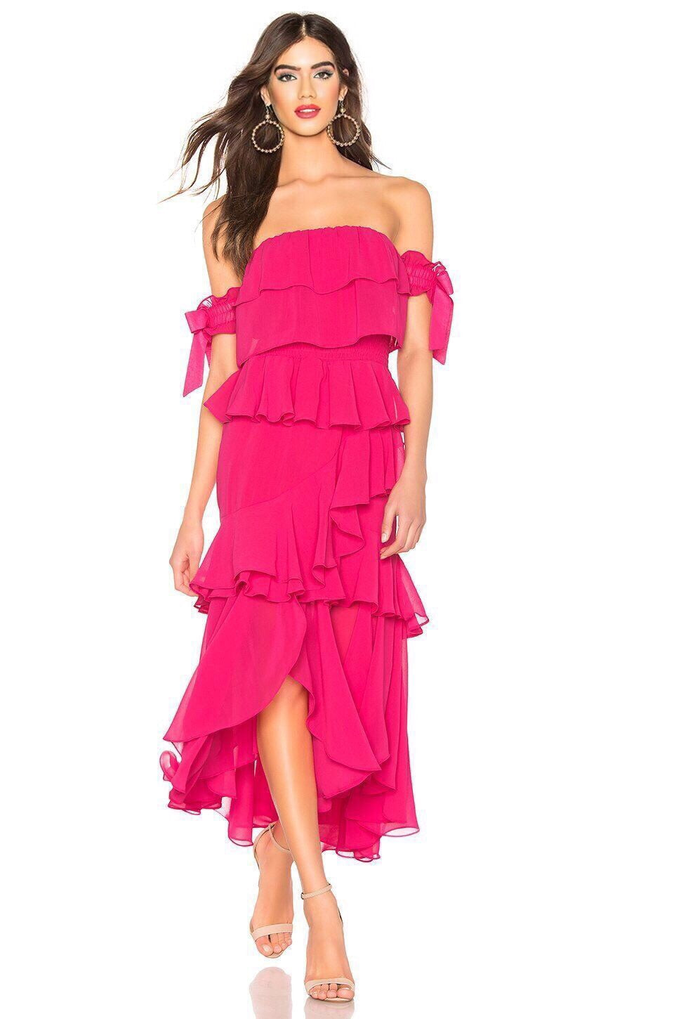 pink strapless midi dress