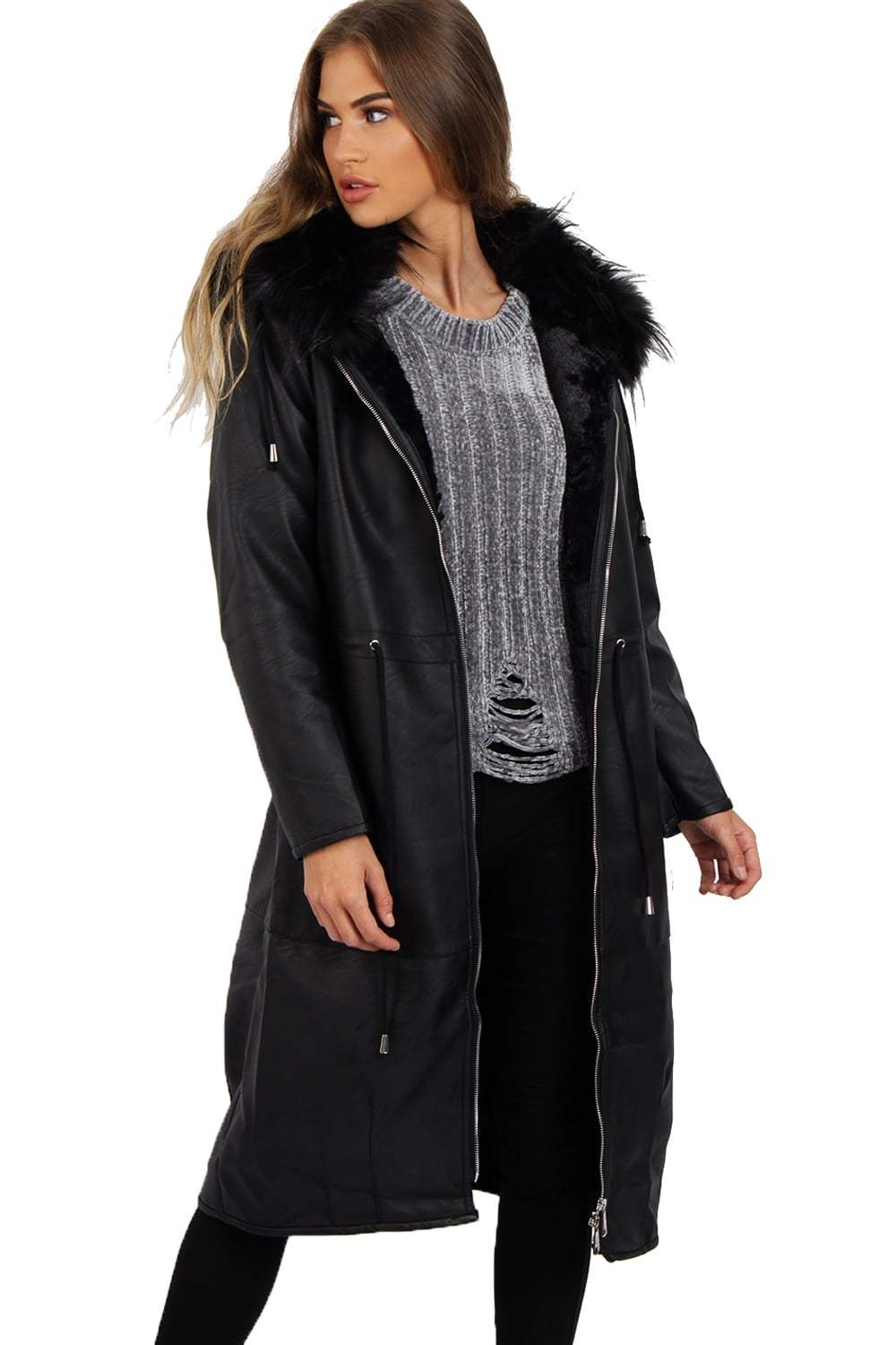 longline coat with fur hood