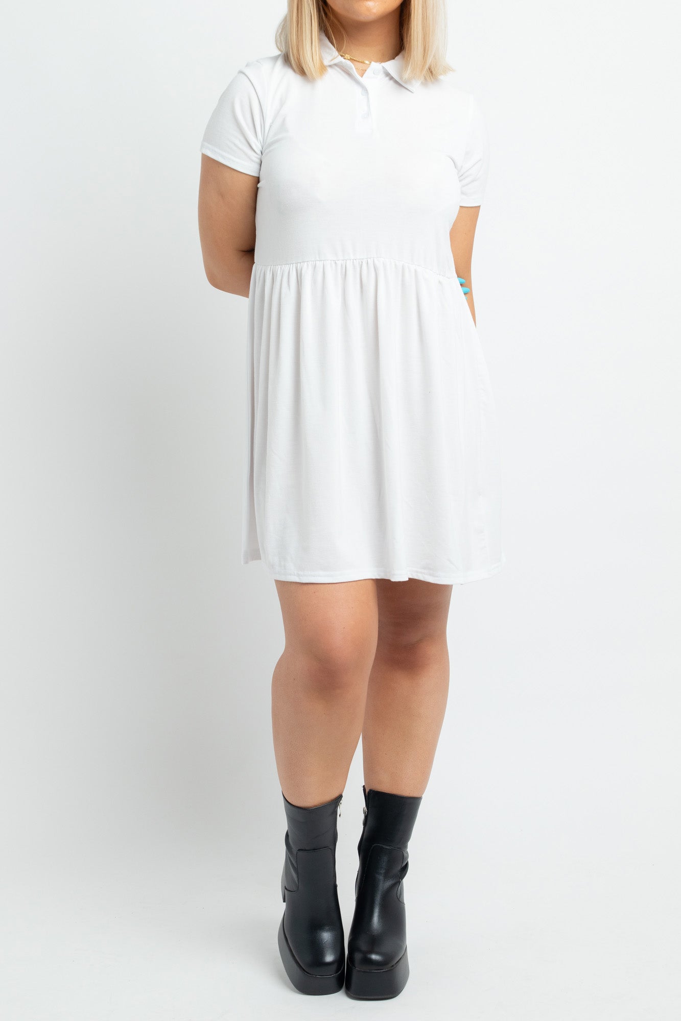 Daisy Street Mini Smock Dress with Polo Collar in White