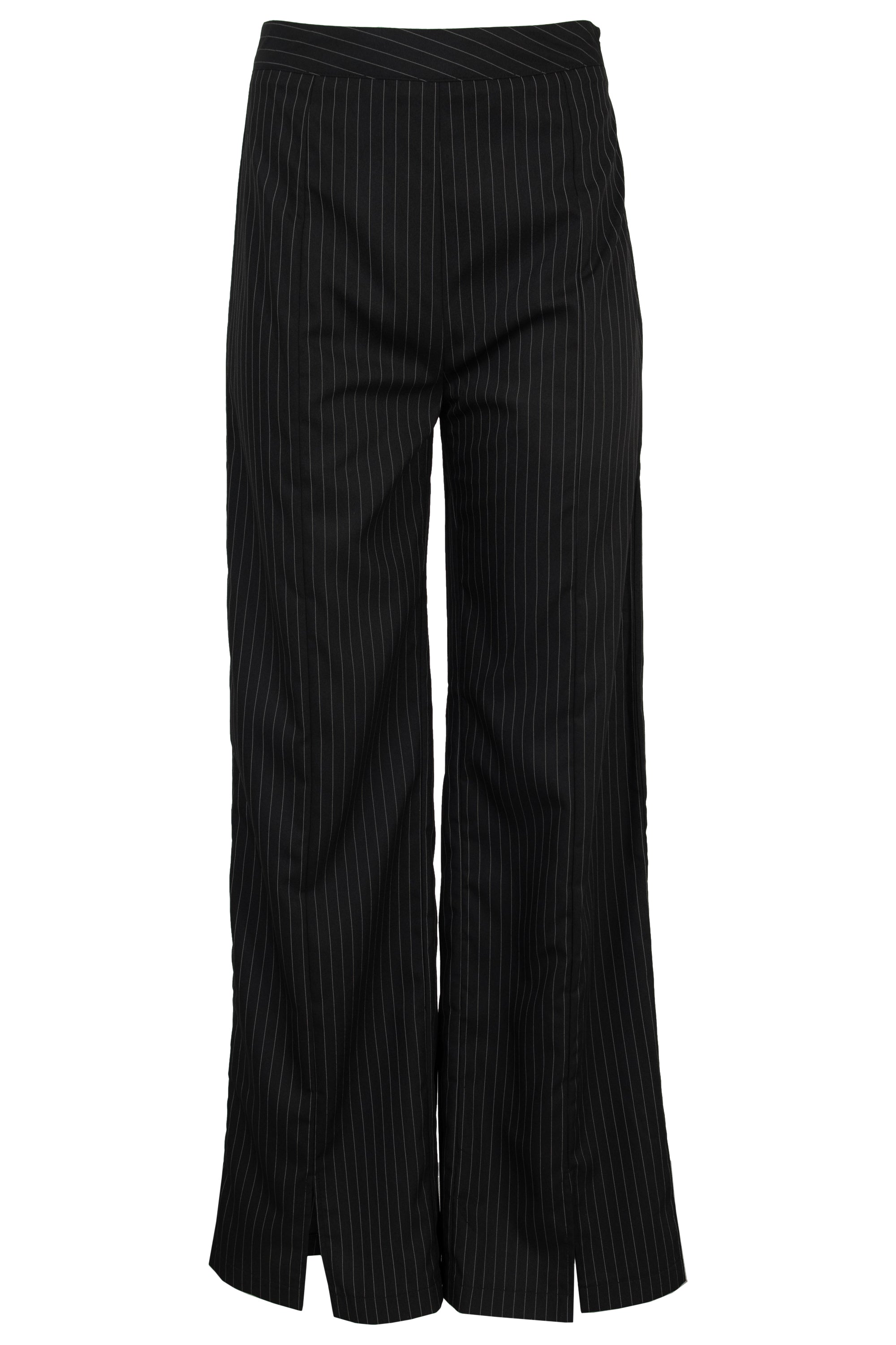 Heartbreak Pinstripe Wide Leg Split Front Trousers in Black