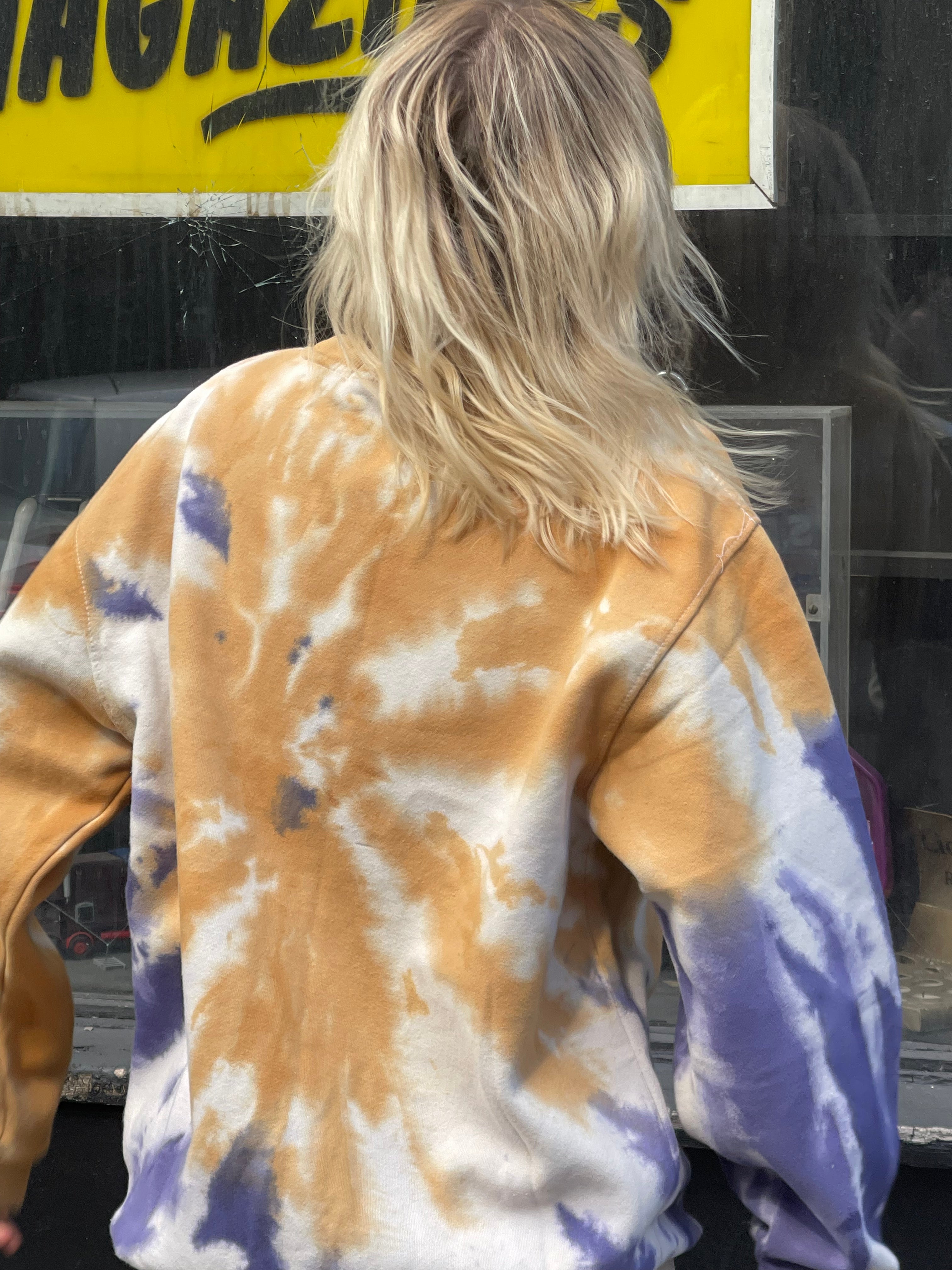 Daisy Street Oversized Sweatshirt in Grunge Purple Tie-Dye with Sports Print