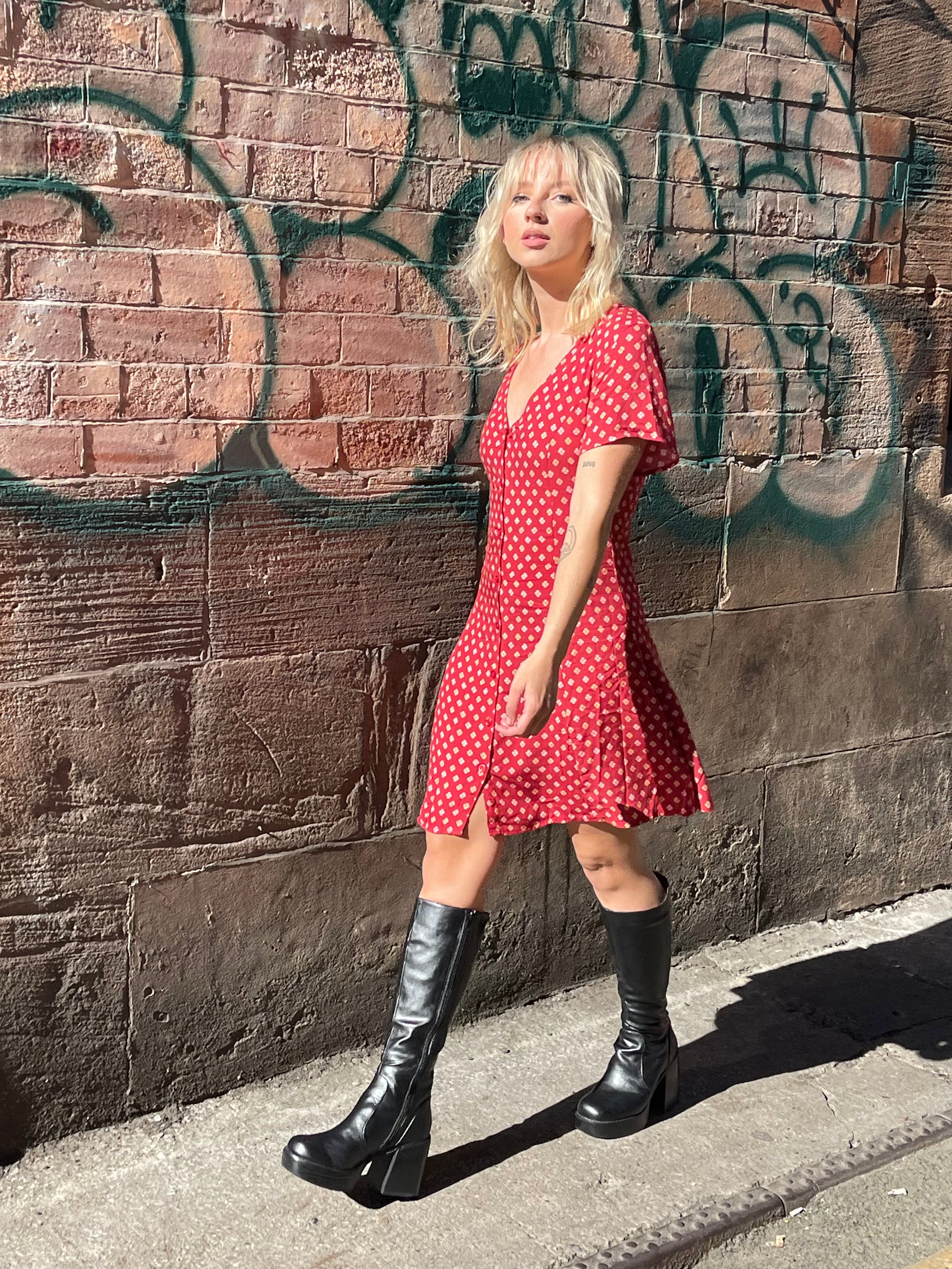 Daisy Street Skater Dress in Red Orange Floral Print