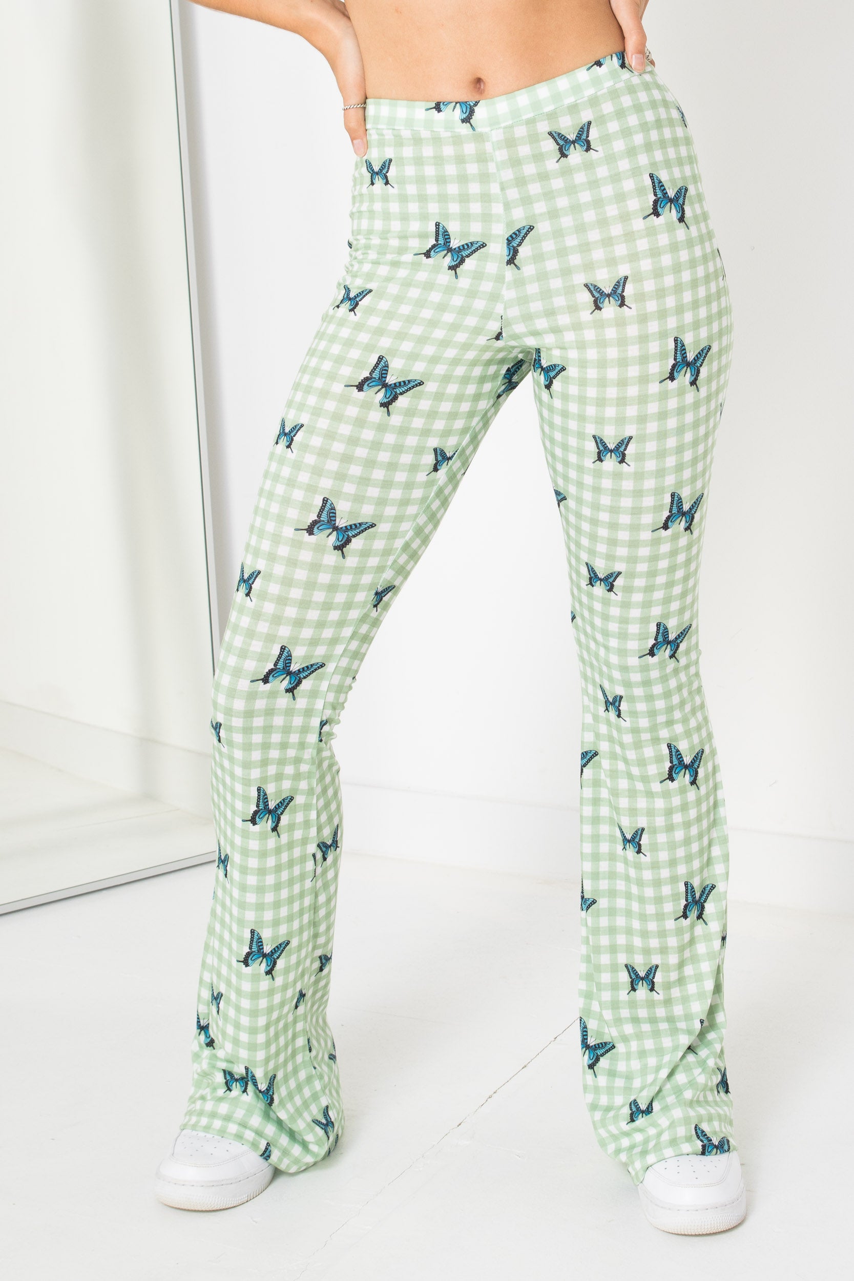 Daisy Street Green Gingham Jersey Flares