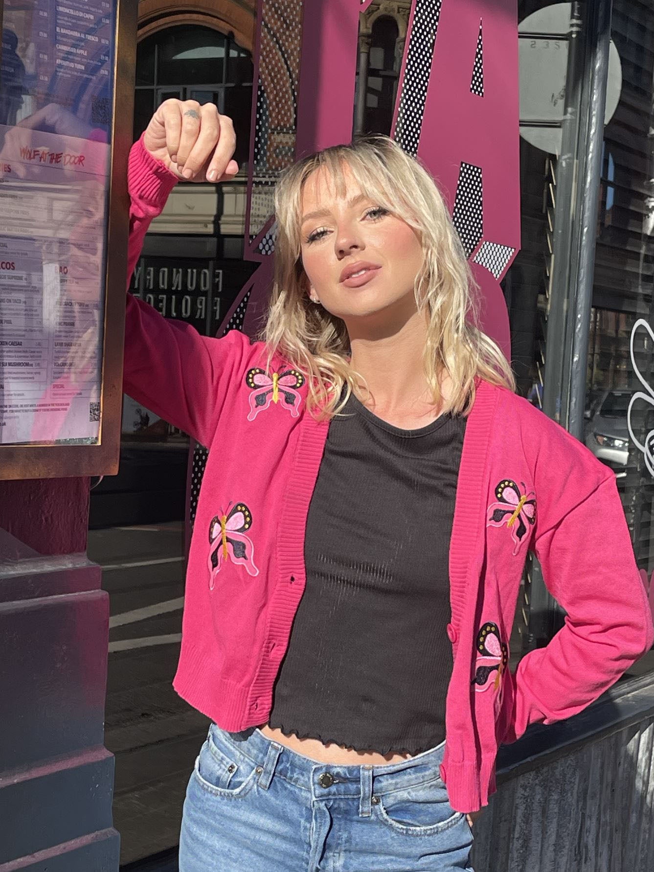 Daisy Street Fluorescent Pink Butterfly Cardigan