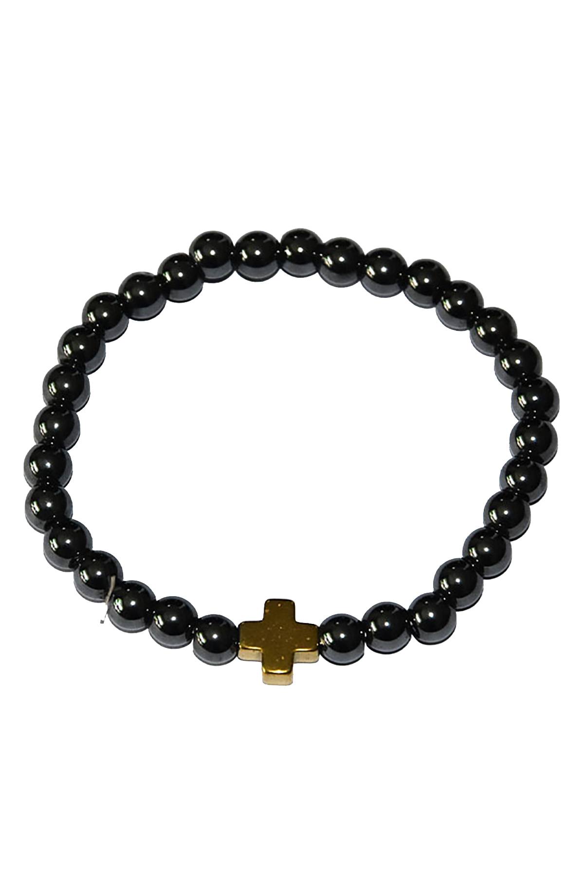 18K Gold Plated '+' Black Onyx Natural Stone Skinny Bracelet