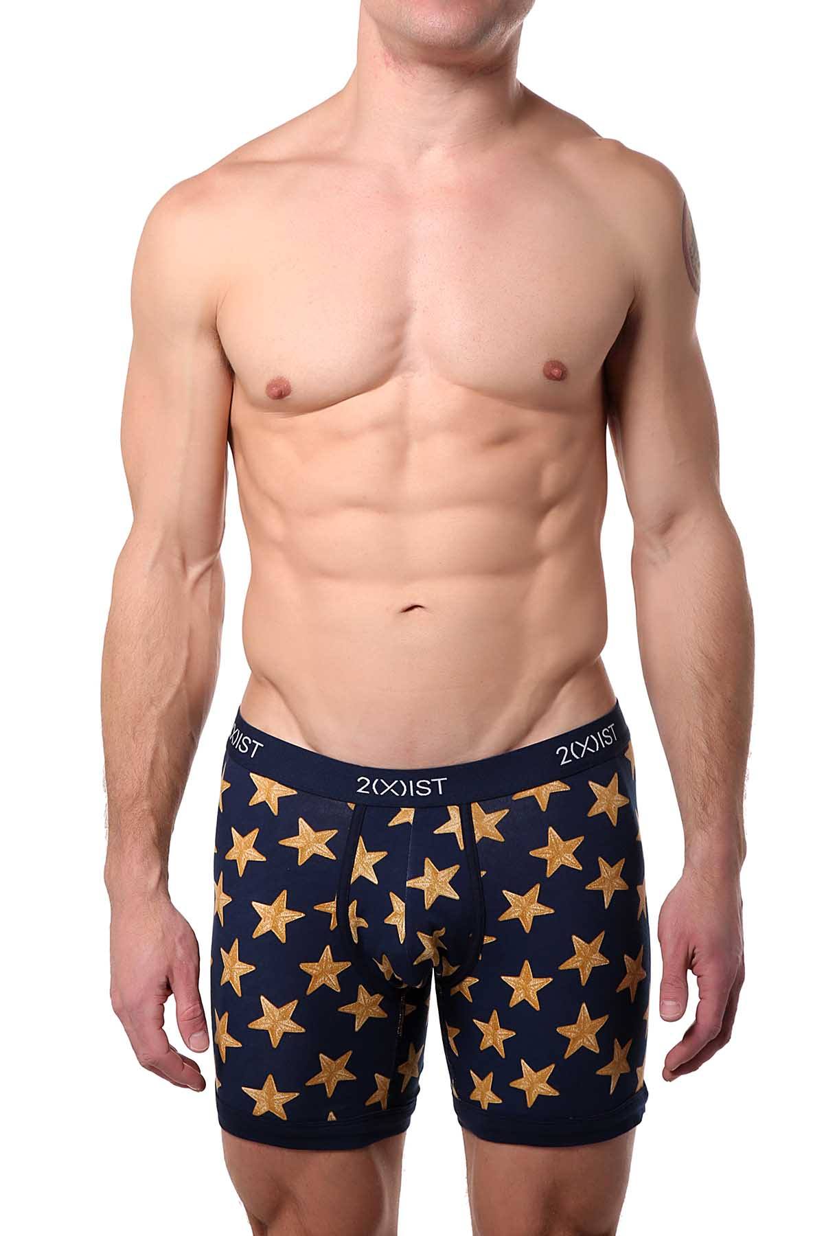 2(X)IST Varsity-Navy Star-Patch Print Graphic Cotton Boxer Brief