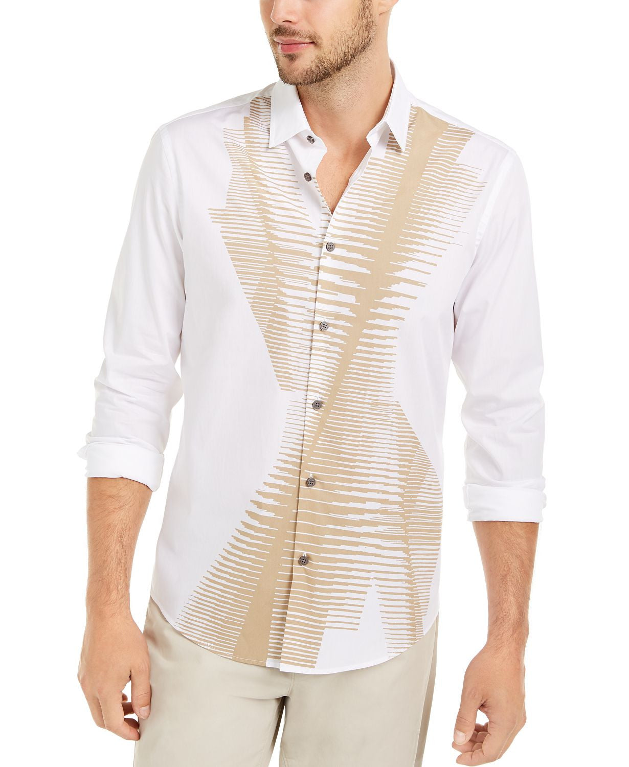 Alfani Classic-fit Abstract Line-print Shirt Bright White