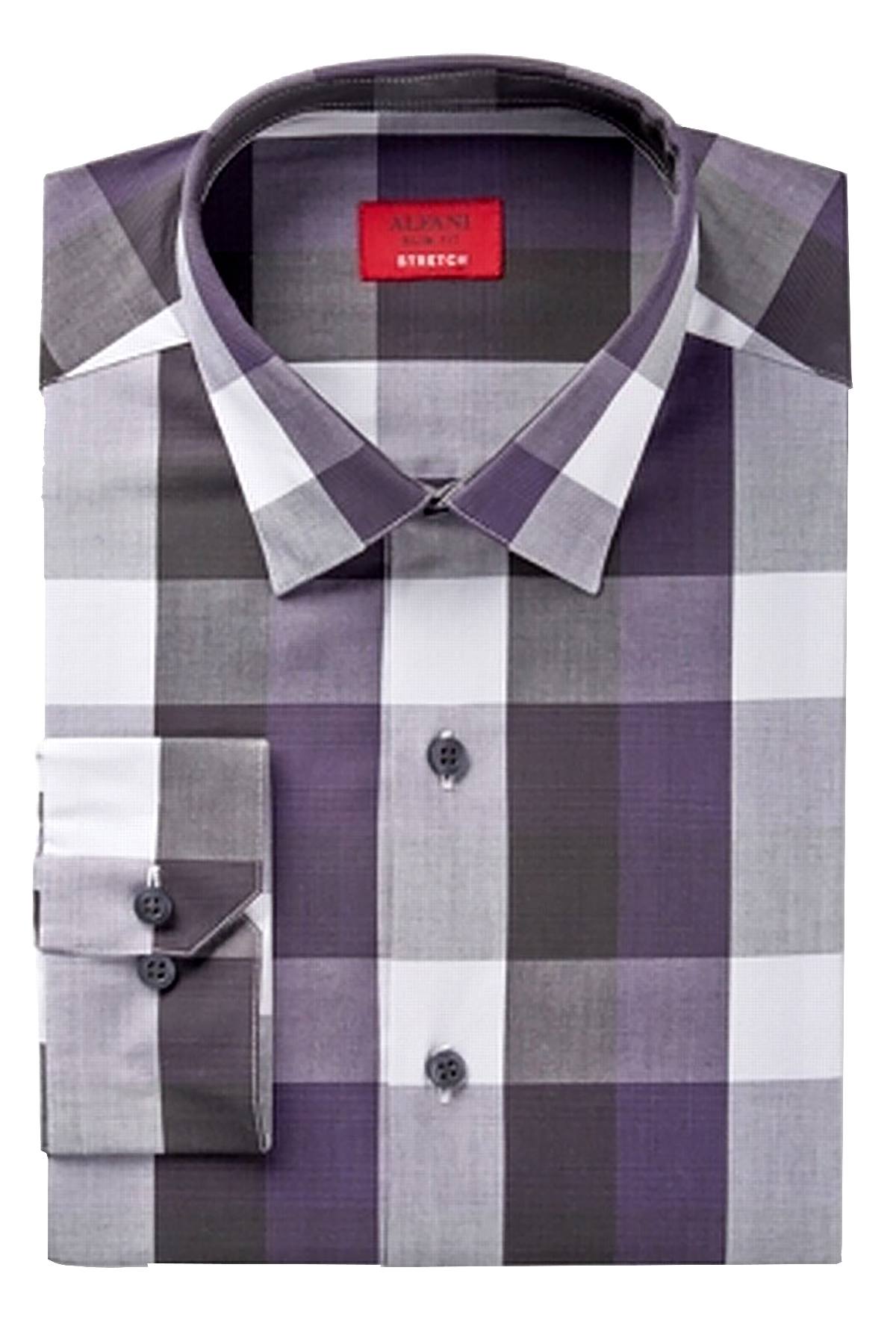 Alfani Grey/Purple Slim-Fit Stretch Oversize Pixel Gingham Dress Shirt