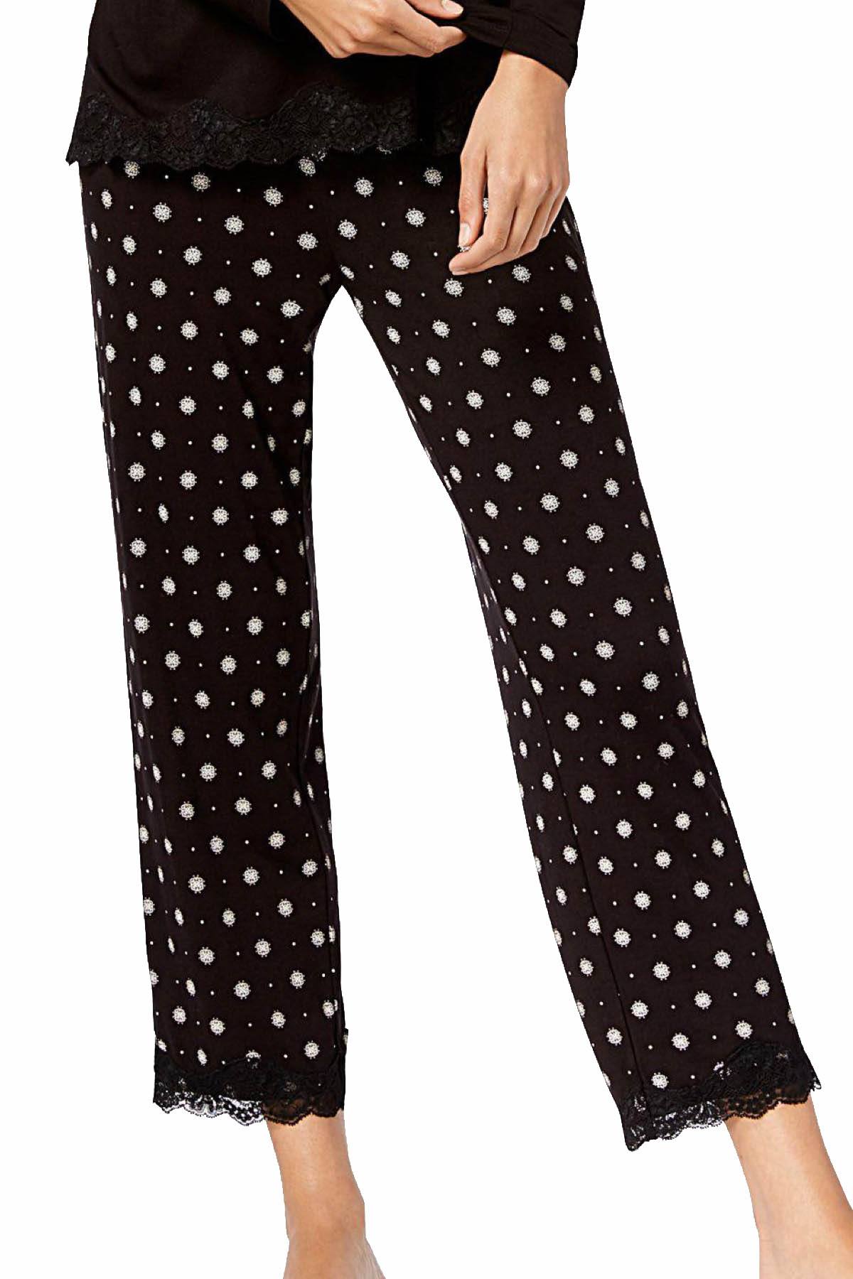 Alfani Lace Trim Printed Pajama Pant in Black Pindot