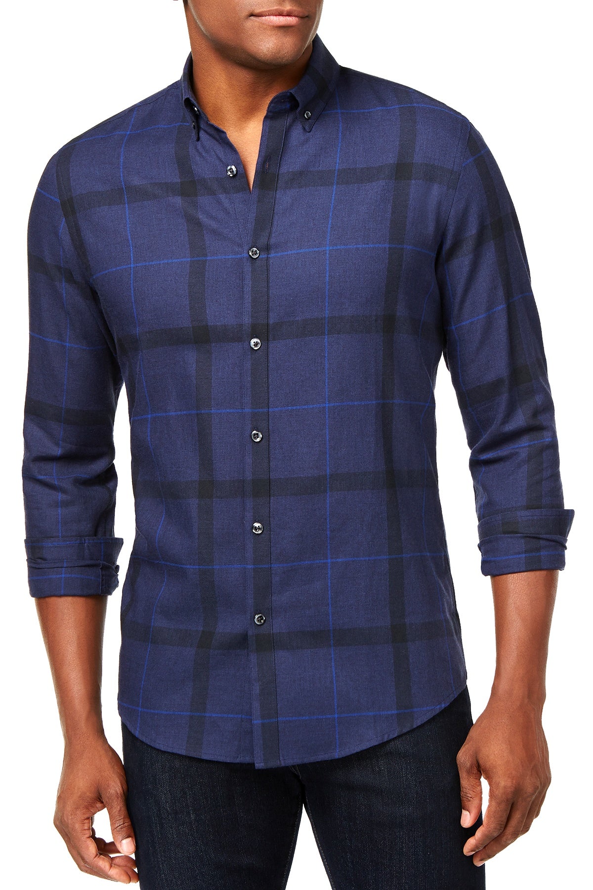 Alfani Neo Navy Brushed Plaid Slim Fit Shirt