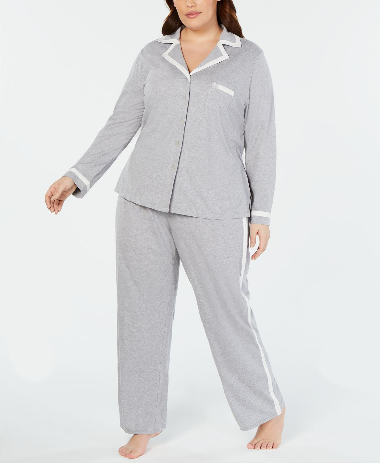 Alfani PLUS Pima Cotton Long Sleeve Top & Pajama Pant Set in Heather Gray