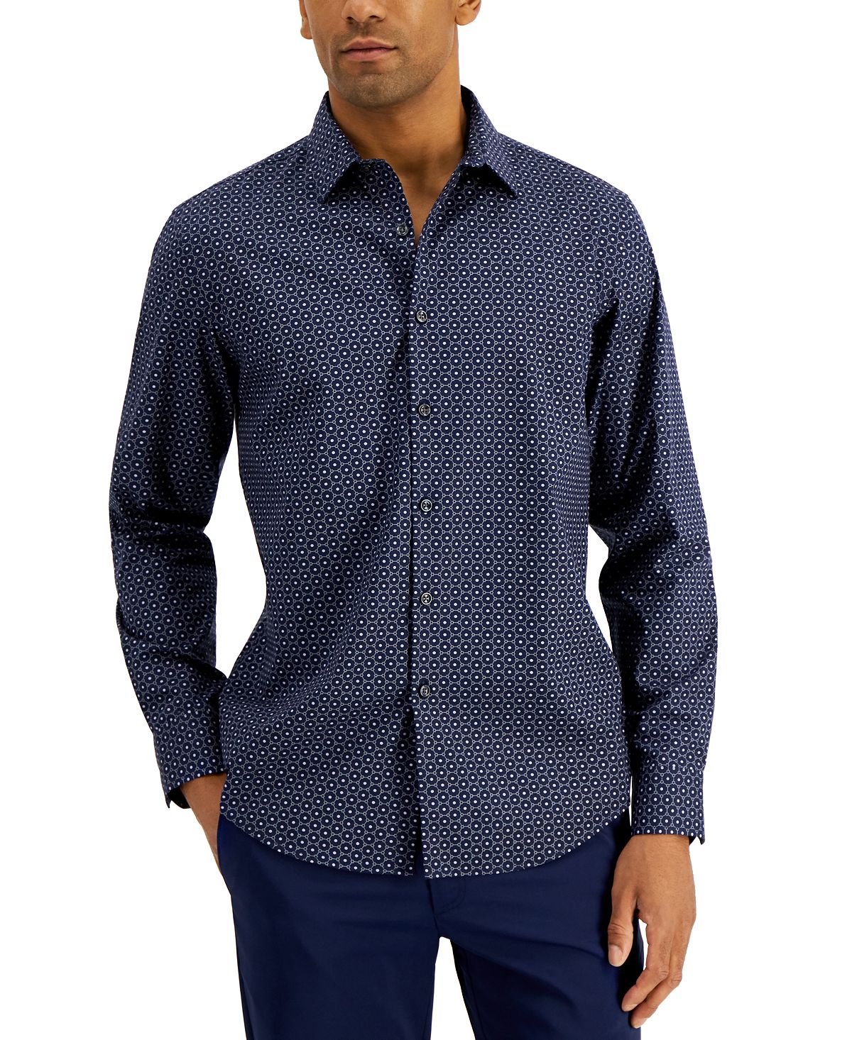 Alfani Regular-fit Stretch Geo-print Shirt Navy Blue Cbo