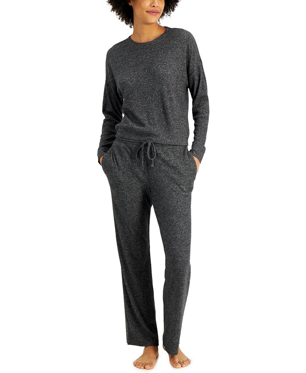 Alfani Ribbed Wide Leg Pajama Set Black Ice Hthr