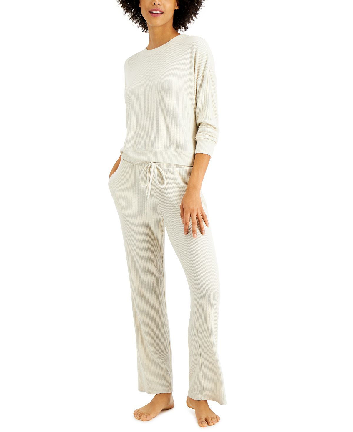 Alfani Ribbed Wide Leg Pajama Set Hthr Grain