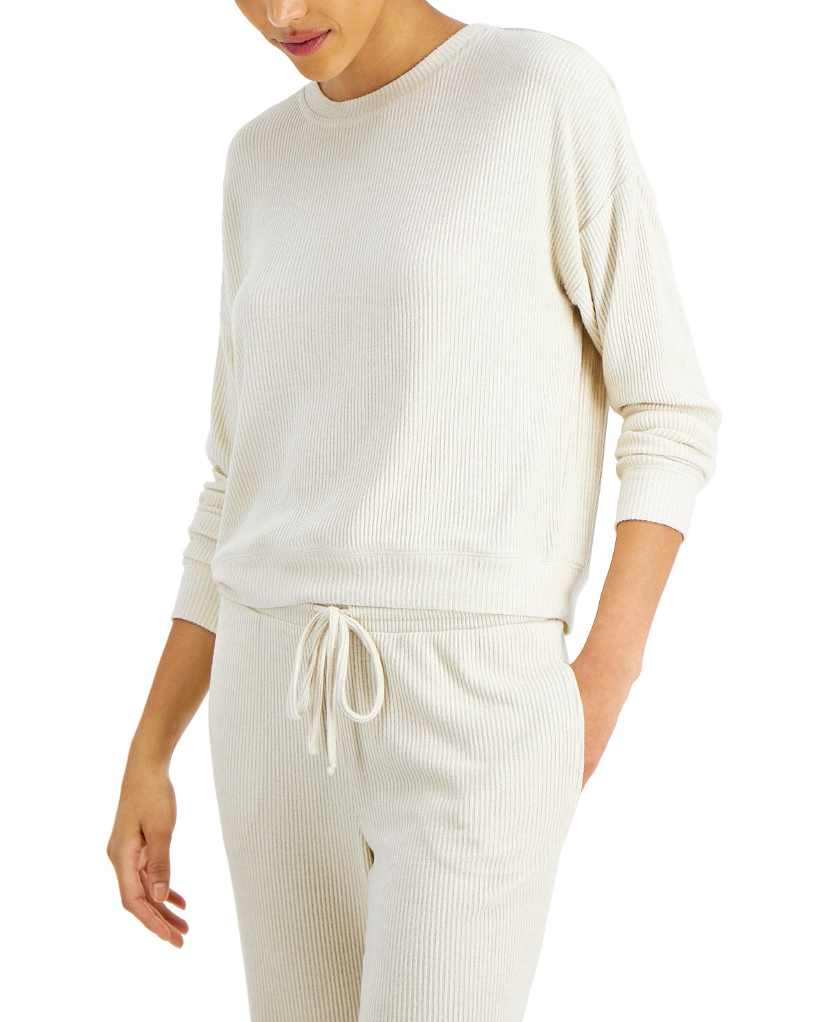 Alfani Ribbed Wide Leg Pajama Set Hthr Grain